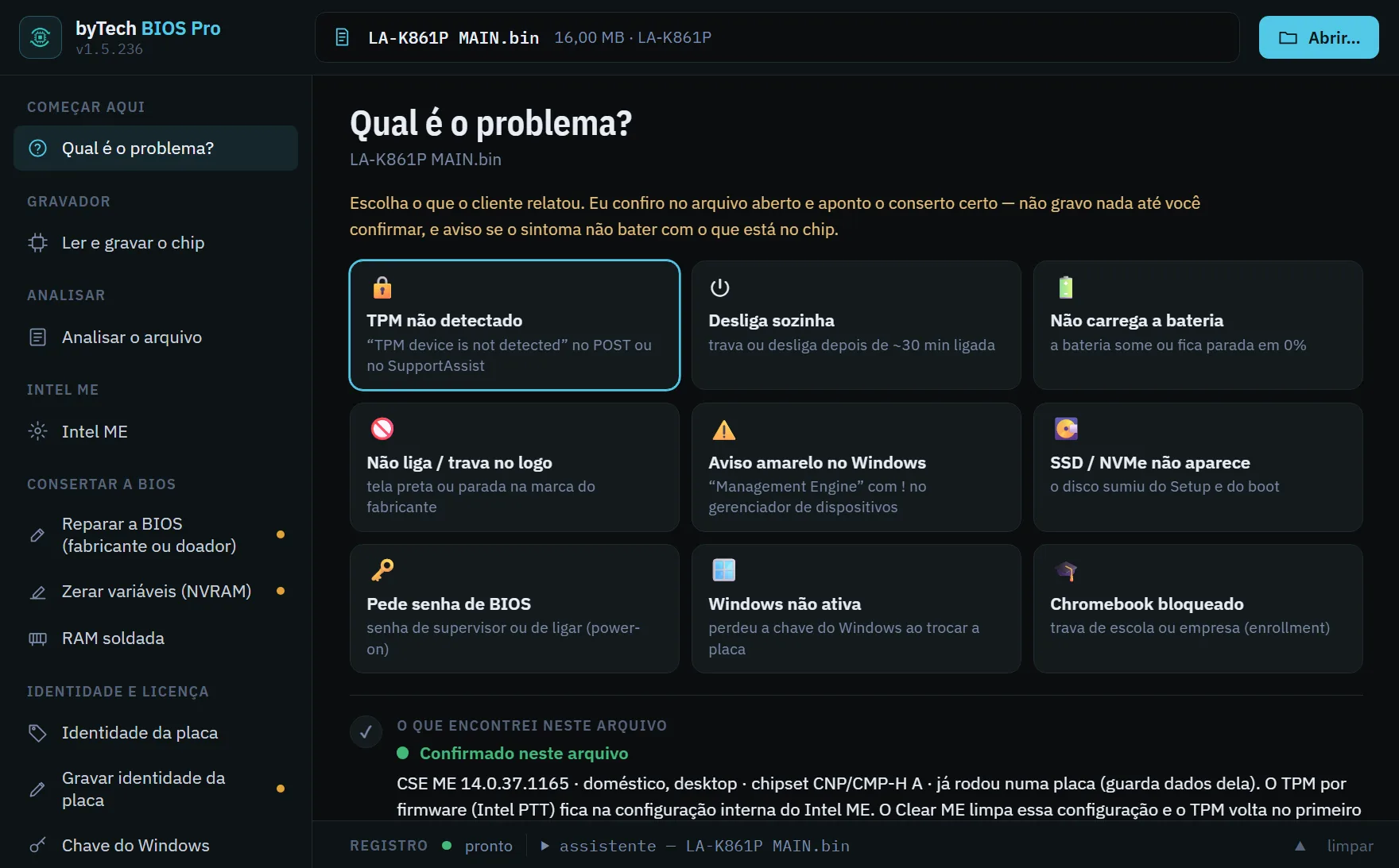 Tela Qual é o problema?: os sintomas que o cliente relata (TPM não detectado, desliga sozinha, não carrega a bateria, pede senha) e o que o programa encontrou no arquivo.