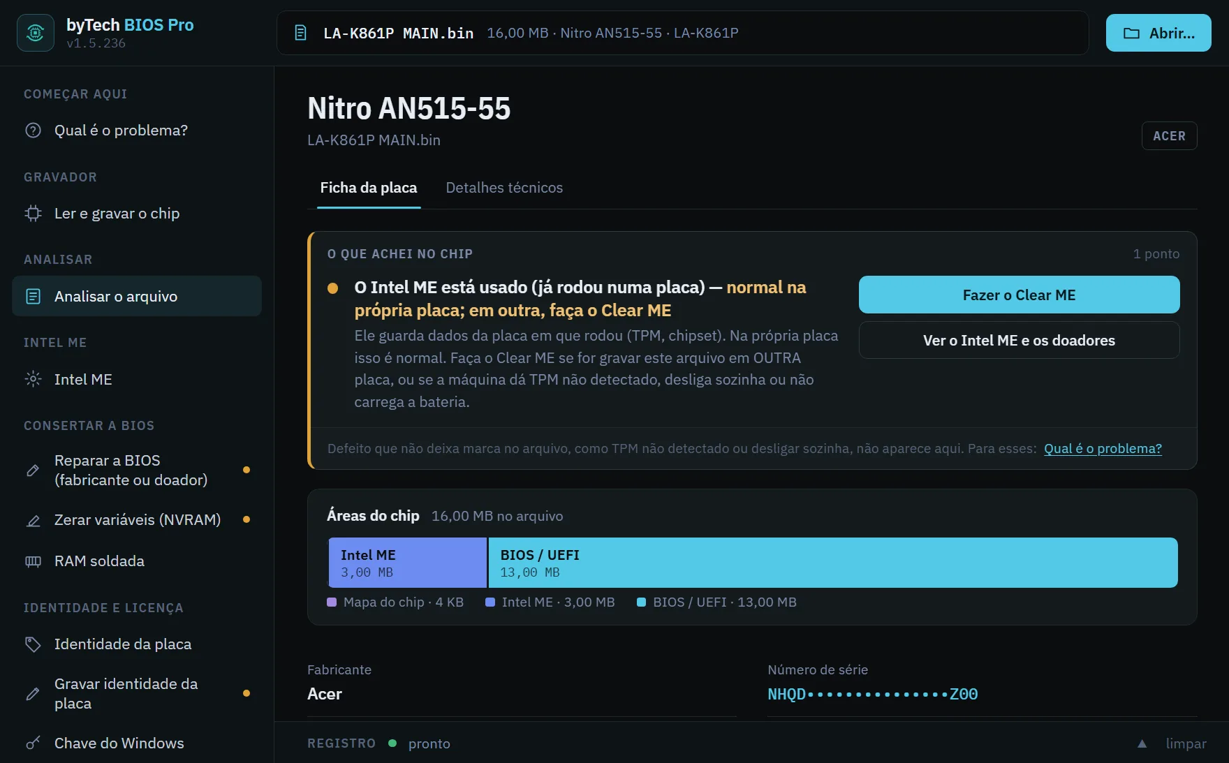 Tela do byTech BIOS Pro com a ficha de um Acer Nitro AN515-55: no alto, o que o programa achou no chip (o Intel ME usado) com o botão Fazer o Clear ME ao lado, e as partes do chip em escala.