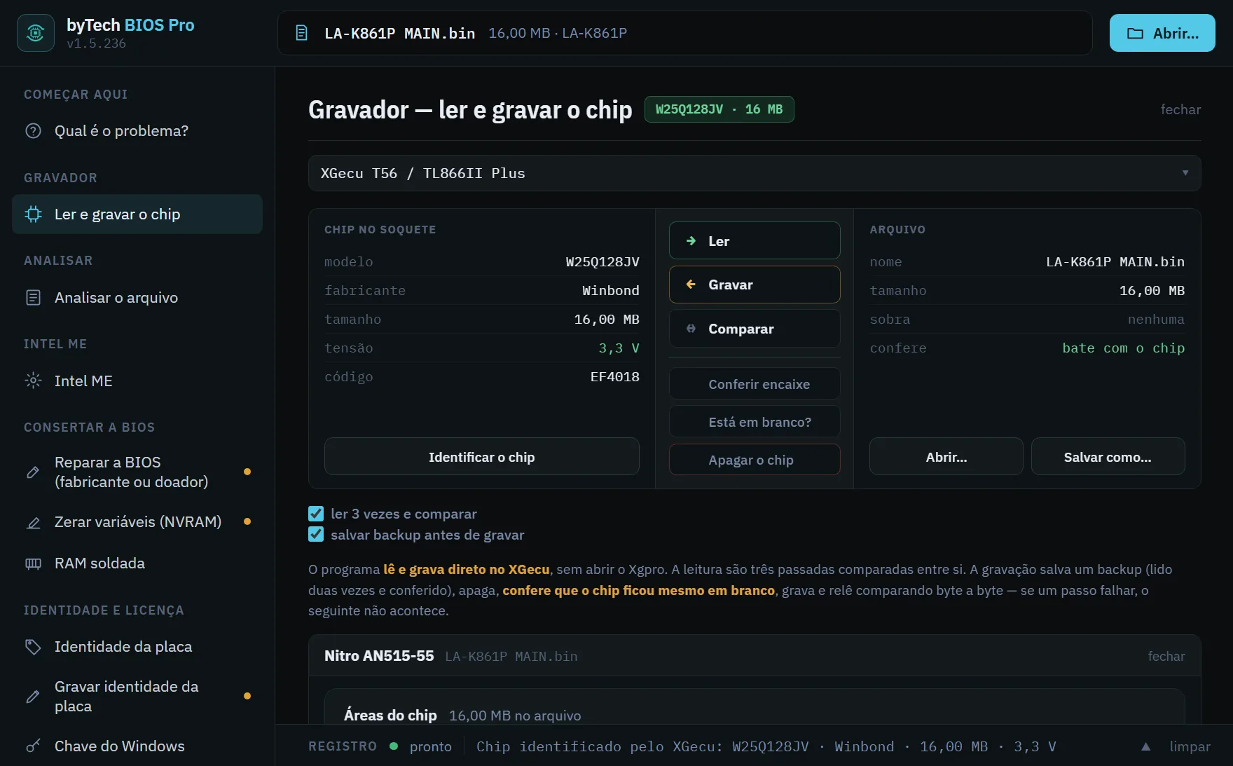 Tela do gravador: o chip reconhecido pelo XGecu de um lado, o arquivo do outro e os botões Ler, Gravar e Comparar.