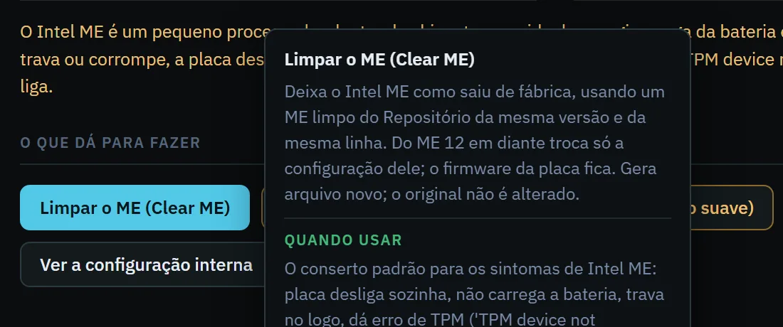 Balão de ajuda do botão Limpar o ME, explicando o que ele faz e quando usar.