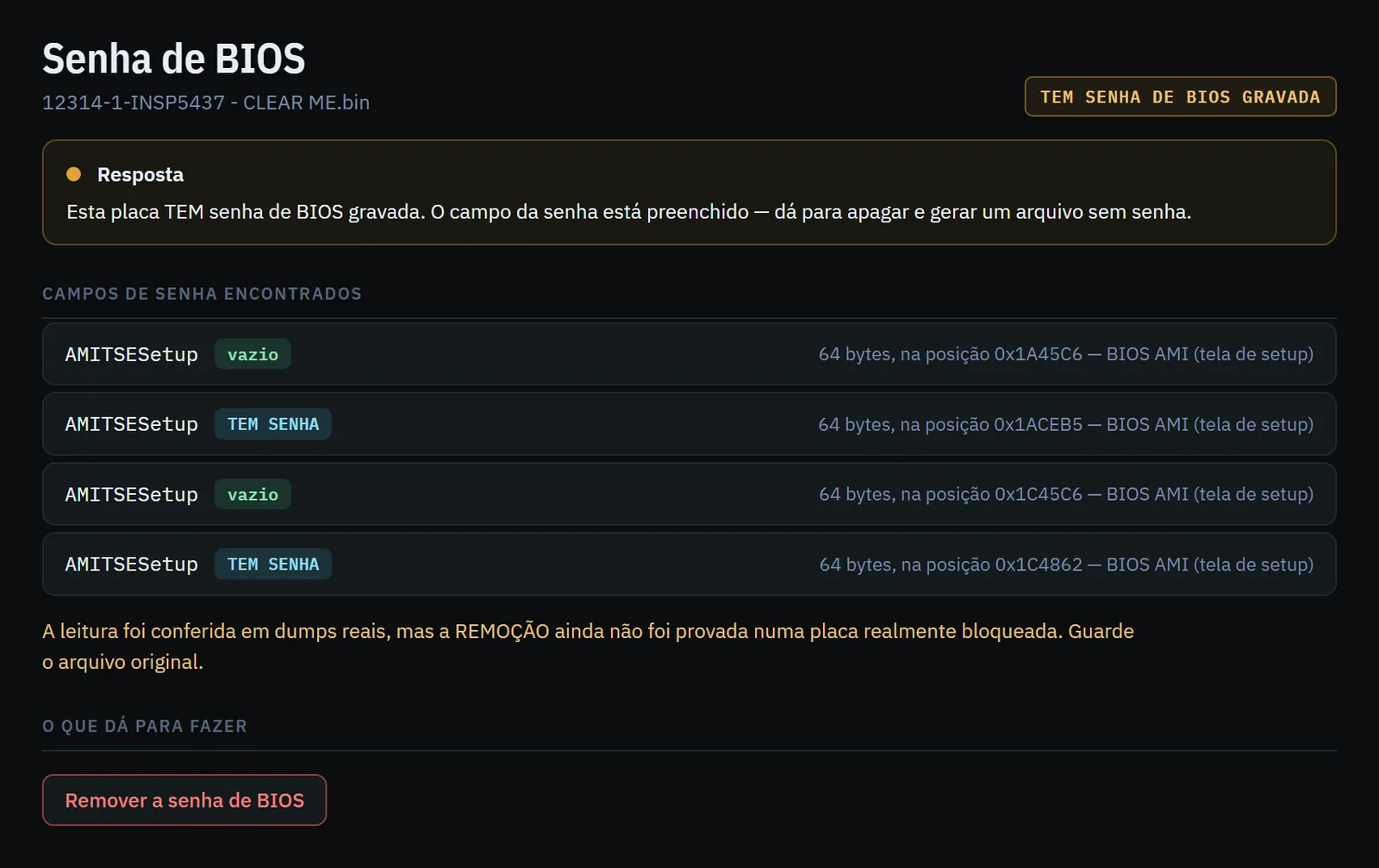 Tela da senha de BIOS: o campo da senha preenchido numa BIOS AMI e o botão Remover a senha de BIOS.